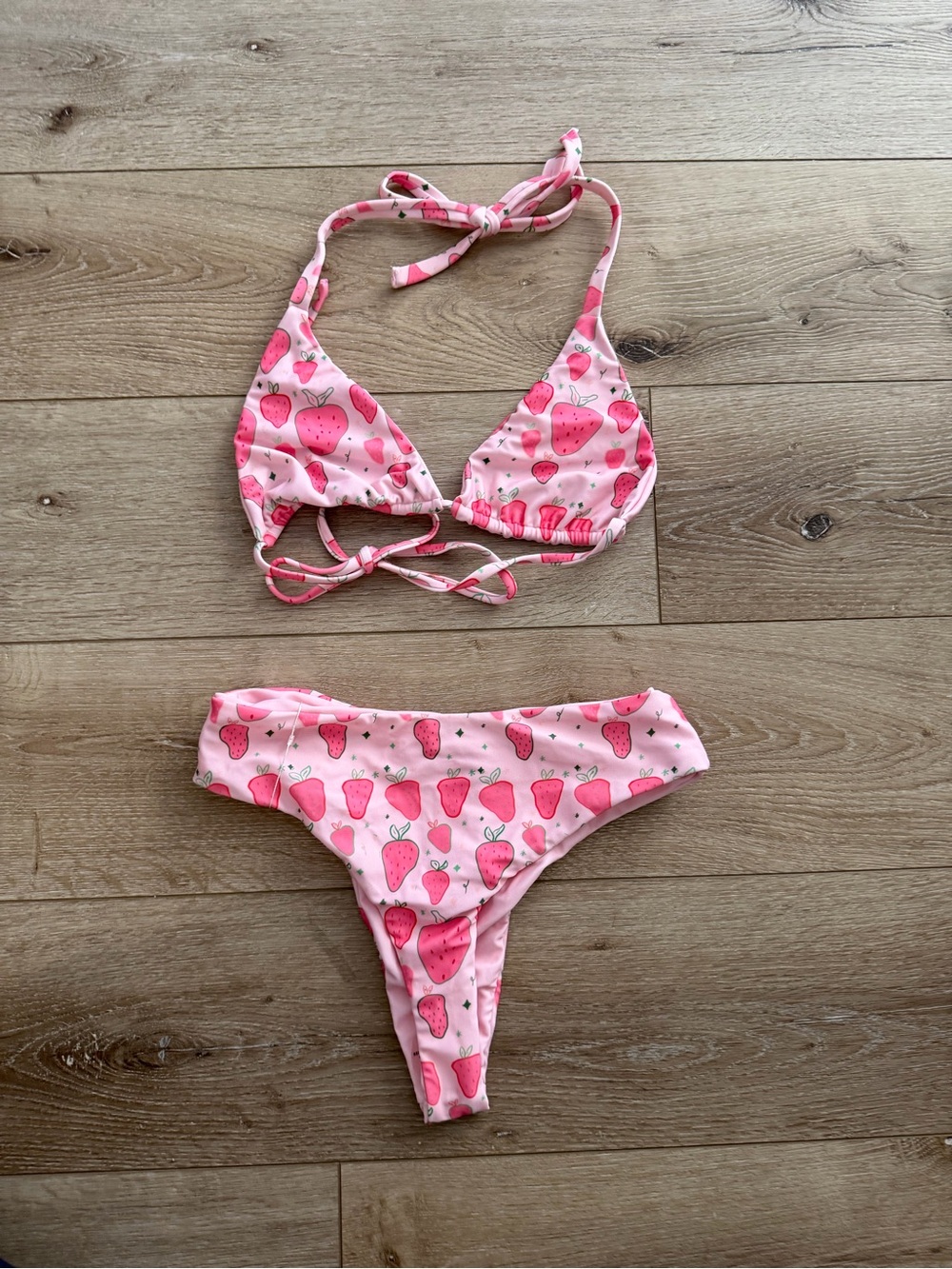 Pink Strawberry Print Tie-Halter Bikini Top & Bottom Set
